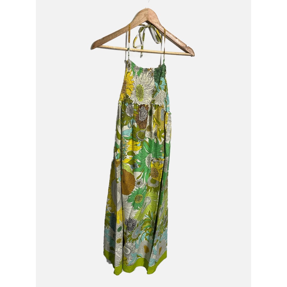 Liberty of London Maxi Dress Womens XL Green Floral Halter Smocked Boho Summer - Picture 2 of 6